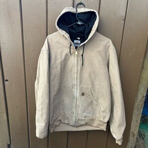 Vintage Carhartt Jacket Coat J25 WET Hooded Work Wear Tan Beige Khaki Size Large